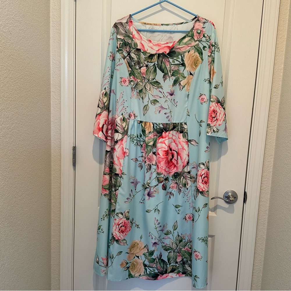 Floral Midi Dress in Blue and Pink